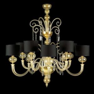 Luxury Multi-Tier Murano Glass Chandelier with Black Fabric Lampshades & Crystal Pendants