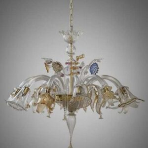Grand 12-Light Venetian Murano Glass Chandelier with Polychrome Shells & Gold Leaf Floral Details – Exclusive Single Piece